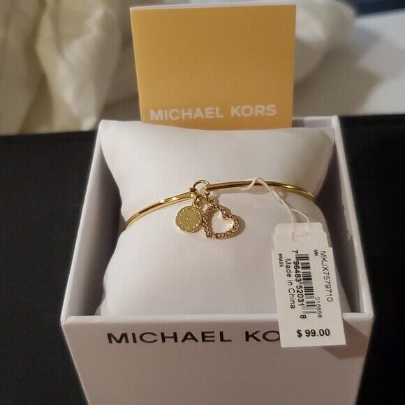 MICHAEL KORS MKJX7578710 Gold Toned Heart Crystal 2 Charm Bangle Bracelet $100+ - Picture 5 of 5